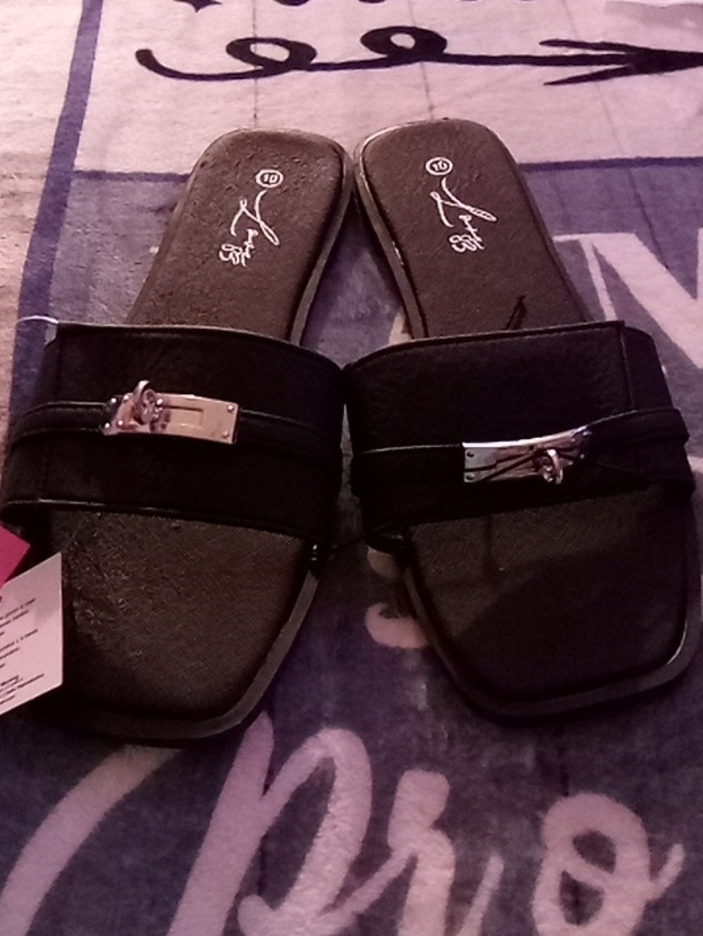 Lush Black Slide Mules with Silver Buckle Detail